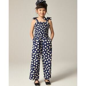 J.Crew Crewcuts Smocked Jumpsuit Girls 10 Navy White Polk Linen Blend One Piece